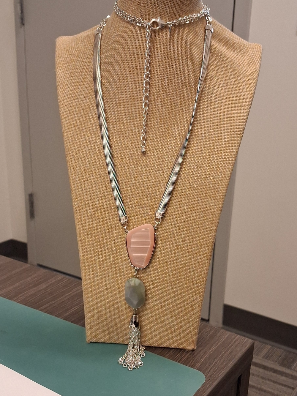 Chico's long heavy Silver tone Necklace with Pink and Sage Stone tassle NWOT